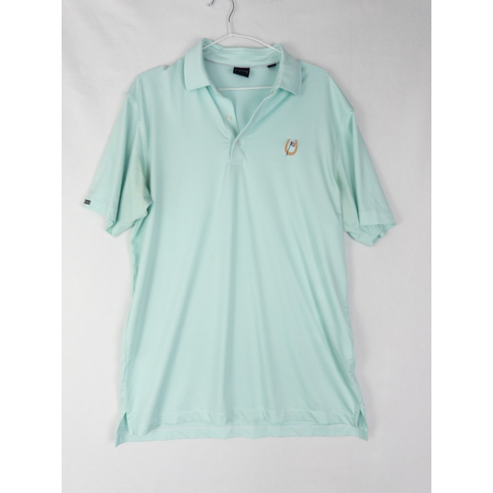 Dunning Golf Polo Shirt‎ Mens M Green Striped Logo Golf Performance Short Sleeve